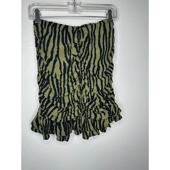 ZARA Green Zebra Print Ruched Mini Skirt XS Ruffle Hem Back Zip - Picture 8 of 15